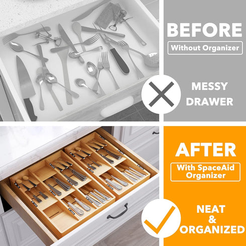 SpaceAid Bamboo Silverware Drawer Organizer with Labels, Kitchen Utensil Tray Holder Organizer for Flatware, Cutlery, Spoon and Knives Drawer Storage Organization (Natural, 6 Slots) by SpaceAid