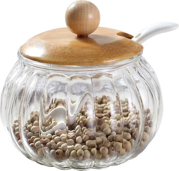 Salt Cellar, 8 Oz Glass Container with Bamboo Lid, Cute Pumpkin Storage Canister for Kitchen Countertop Seasoning Bowl