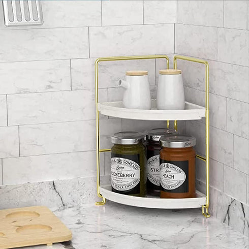 2-Tier Counter Countertop Makeup Perfume Organizer, Bathroom Corner Shelf Vanity Bedroom Storage Tray,Kitchen Spice