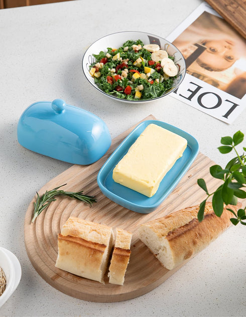 Sweejar Ceramic Butter Dish with Lid for Countertop, Porcelain Butter Keeper for East/West Coast Butter (Steel Blue)