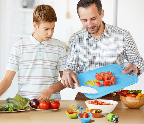 Kids Knives Set for Real Cooking, Toddler Knife Set with Cutting Board, Safe Knife, Peeler, and Fruit Cutters