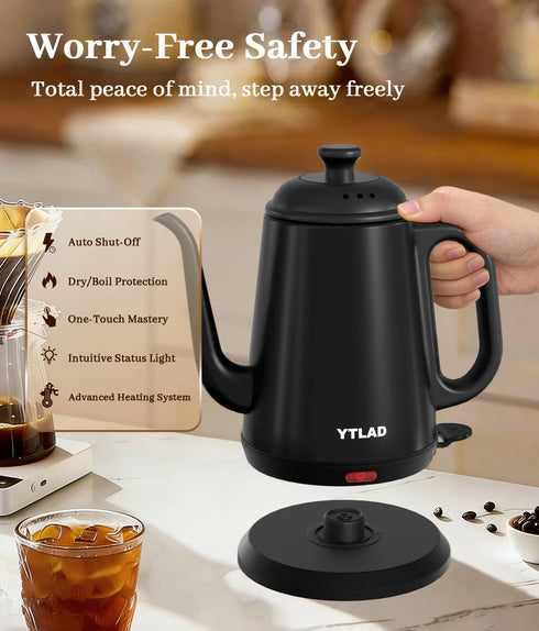 1L, 1000W 304 Gooseneck Electric Kettle Fast Boiling for Pour-Over Coffee & Tea, Stainless Steel BPA-Free, Precise Flow