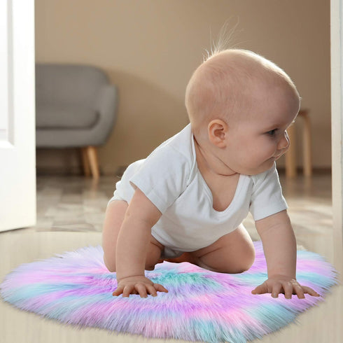 Mudder 2 Pieces Heart Shaped Rug, Faux Fluffy Carpet Door Mat for Bedroom, 12 x 16 Inch (Pink, Purple, Green)
