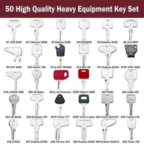 50 Set Bullozers Equipment Keys Master Ignition Keys for Kubota JCB Cat Yanmar Honda Ditch Witch Backhoes Excavators