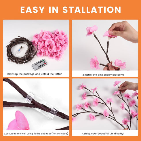 Zyxva 4FT 48 8 Cherry Blossom Vine Lights with Remote, LED Pink Flower Willow Vine Lights for Bedroom Wall Decor, Fairy