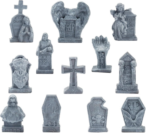 12 Pcs Miniature Resin Tombstones, Mini Gravestone Figurines, Multiple Sizes for Mini House Graveyard Scene, Halloween