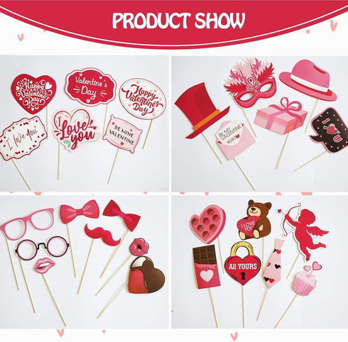 Valentines Day Photo Booth Props Kit, 28PCS Funny DIY Picture Selfie Accessories for Wedding Party Birthday Decor