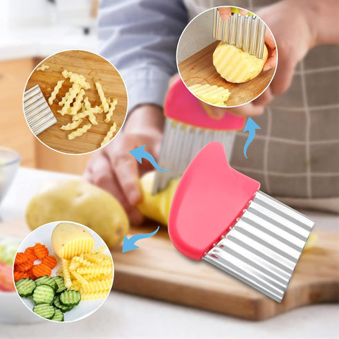 Luomorgo Stainless Steel Potato Crinkle Cutter Knife, Carrot Wavy Knife, French Fry Slicer, Pink