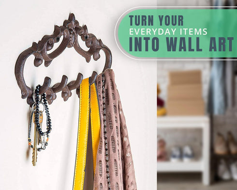 Cast Iron Wall Mounted Hanger, Vintage Design with 5 Hooks for Keys, Towels, Robes, 12.6x5.9, Brown