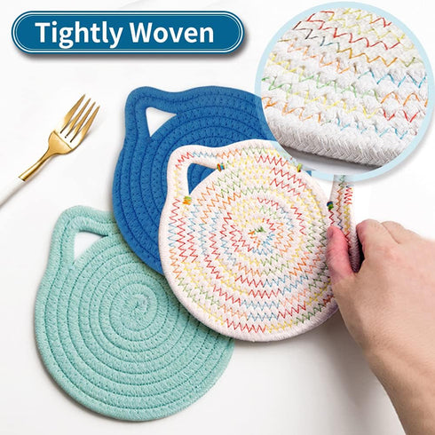 7" Cotton Trivets Set, 3Pcs Cute Cat Ear Pot Holders, Thick Heat Resistant Mats for Hot Pots and Pans, Blue