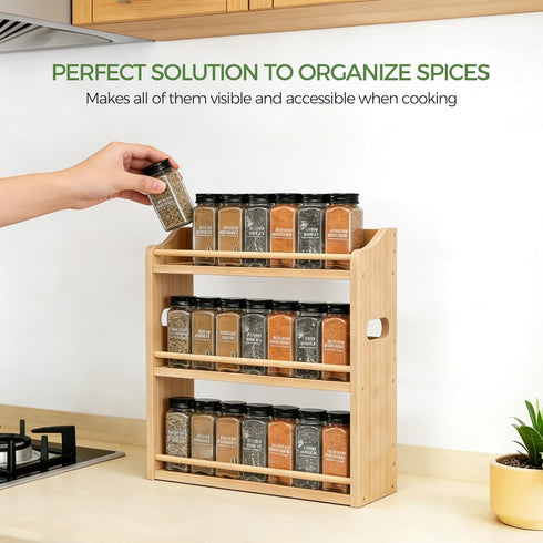 3 Counter Bamboo Spice Rack Organizer, Tier Spice Jars Storage Rack with Handles, Seasoning Shelf for Kitchen or Wall