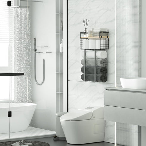 Bathroom Towel Racks, Metal Towel Holder with Storage Basket, Wall Rack for Rolled Towels, Small Bathroom Shelves.