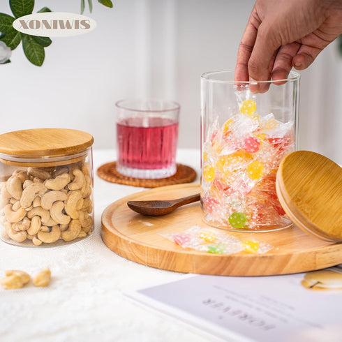 Xoniwis 25oz 6PCS Round Airtight Glass Food Storage Jars, Clear Glass Food Storage Container with Bamboo Lid, Stackable