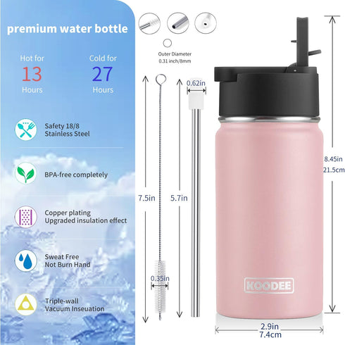 koodee 12 oz Stainless Steel Water Bottle, Double Wall Vacuum Insulated Flask with Wide Handle Straw Lid (Light Pink)