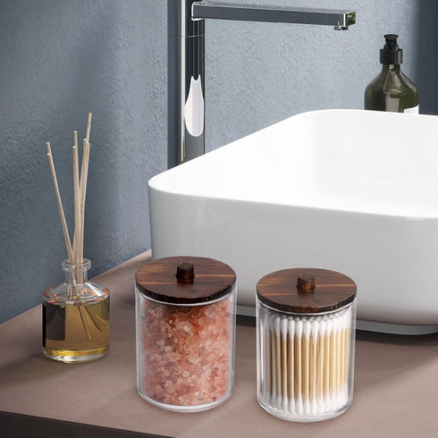 Tbestmax Bathroom Container for Qtips, 10/7 OZ Cotton Ball/Swabs Dispenser, Brown Wood Lids