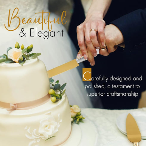 Cake Knife and Server Set, Cake Cutter and Pie Spatula, Gold Blade and Faux Crystal Handle Wedding Cake Cutting Set, Stainless Steel Gold Knife Set for Party, Birthday, and Anniversary by LUSHIG