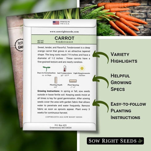 Packet (1) Sow Right Seeds - Tendersweet Carrot Seeds for Planting - Non-GMO Heirloom with Instructions to Plant & Grow