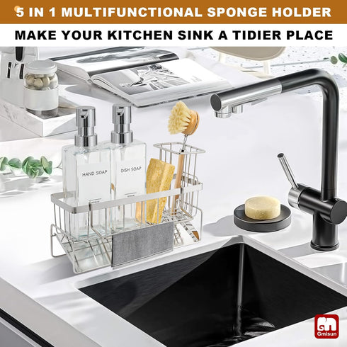 12 oz/350ml Set GMISUN Kitchen Soap Dispenser, Fl Clear Dish Soap Dispenser with Silver Sponge Holder, Customized Glass