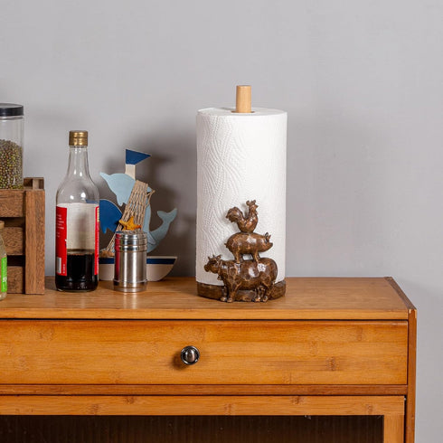 Polytree Countertop Farm Animals (Cow, Pig and Rooster) Paper Towel Holder Stand with Decoration, Hand-Carved Wood