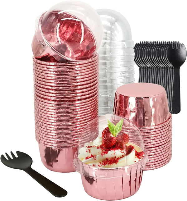 5.5 Oz Foil Muffin Cups 50 Pack, LNYZQUS Jumbo Cupcake Liners with Lids, Disposable Ramekins for Bakery-Rose Gold