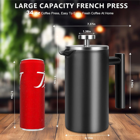 SZHETEFU 34 OZ 4-8 Large French Press, Premium Stainless Steel Sturdy Insulated French Press Coffee Maker, Cups French