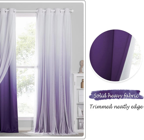 72 inches 52" 2 PONY DANCE Bedroom Curtains Long - Double Layered Ombre Panels with White Sheer Overlay, Purple Bedroom