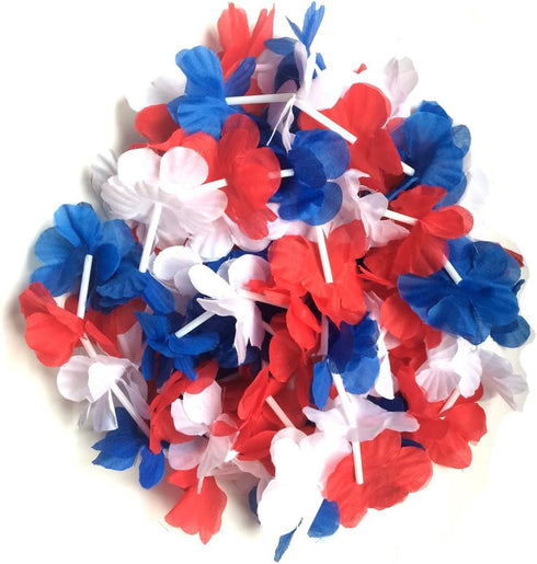 LITTLE FEATHER Red White and Blue 4th of July Party Lei, Hawaiian Luau Flower Necklace, Pack of 12