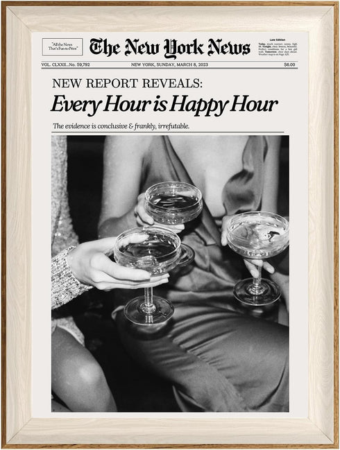 ASTRDECOR Framed Trendy NewsPaper Wall Art - Every Hour is Happy Hour,