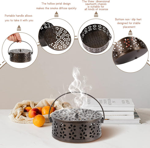 Retro Round Portable Iron Mosquito Coil Holder with Handle, Fireproof Incense Holder for Home Office