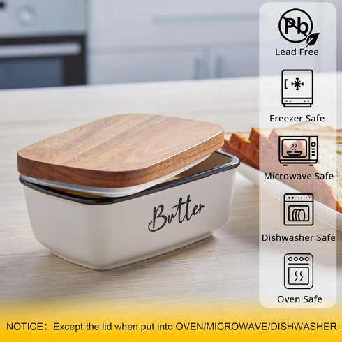 Countertop, Butter Dish with Lid, ALELION Large Ceramic Butter Dish for Butter Keeper with Thick Acacia Wood Lid
