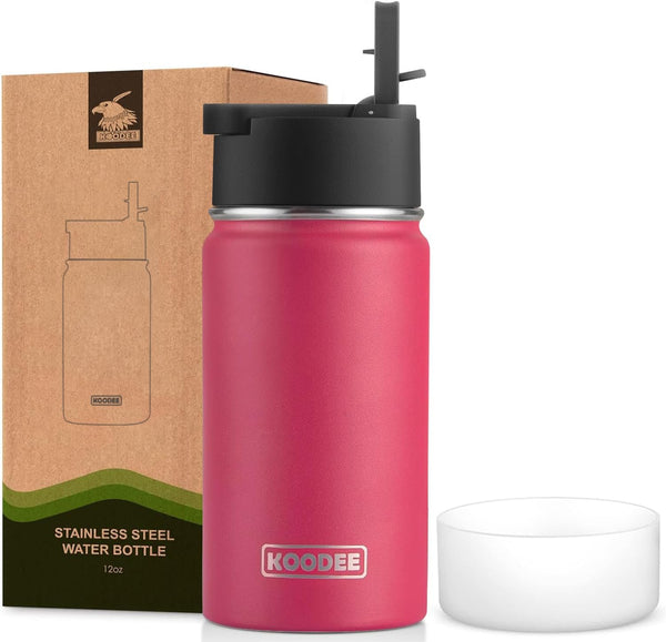 koodee 12 oz Water Bottle with Straw, Stainless Steel Double Wall Vacuum Insulated Flask for Girls and Boys (Pink Red)