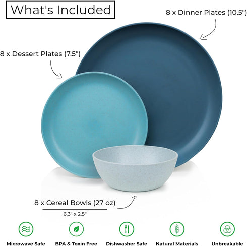 Grow Forward 24-piece Premium Wheat Straw Dinnerware Sets for 8 - Unbreakable Microwave Safe Plastic Plates and Bowls
