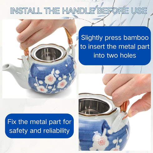 Set, 4 Japanese Tea Ceramic Floral Tea Pot and Pieces Cups with Infuser Bamboo Handle, Traditional Bone China Teapot