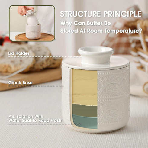 Countertop, Butter Crock, Ceramic Butter Keeper & Dish with Lid - Keeps Butter Soft and Spreadable Fresh for Christmas