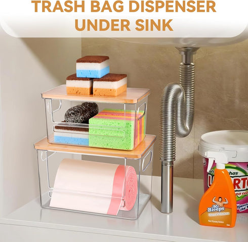2 Pack, Trash Bag Holder Dispenser Garbage Bag Dispenser with Bamboo Lid & Handles, Stackable Clear Trash Bag Organizer