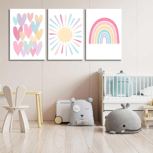 3Pcs 12x16in RCJARTI Pink Nursery Canvas Wall Art Rainbow Poster Kids Bedroom Baby Girls Toddler Pastel Wall Decor