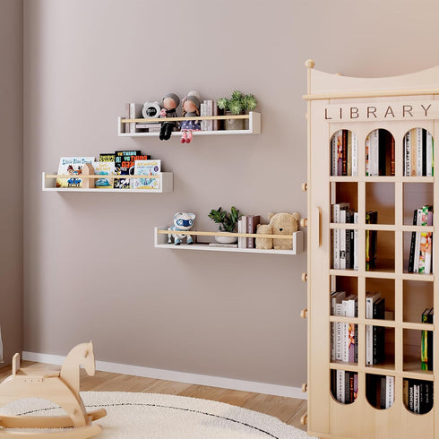 23.6 Inch Set 3, Fixwal Nursery Book Shelves, Floating Bookshelves for Wall of Baby Nursery Decor, Solid Wood Wall