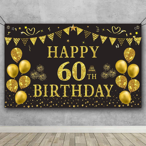 Trgowaul 60th Birthday Backdrop - Gold and Black 5.9 x 3.6 Fts Happy Birthday Party Decorations Banner