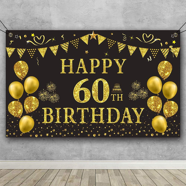 Trgowaul 60th Birthday Backdrop - Gold and Black 5.9 x 3.6 Fts Happy Birthday Party Decorations Banner