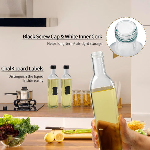 4 Pack 17oz 500ml BAKHUK Olive Oil Dispenser Bottles, Clear Glass Vinegar Cruet with Pourers and Funnel for Kitchen