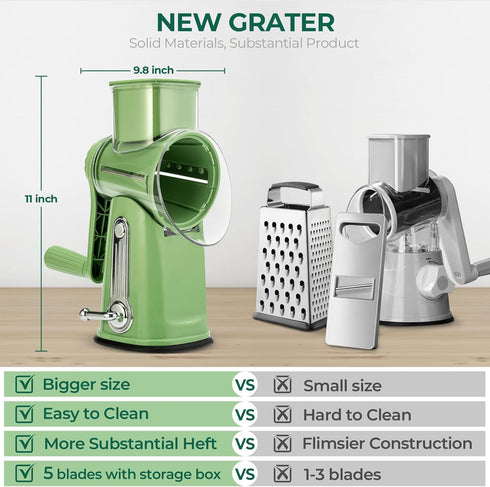 SUSTEAS Rotary Cheese Grater with Handle, Vegetable Shredder with 5 Blades & Strong Suction Base, Retro Green