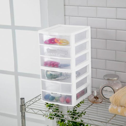 Sterilite Clearview Plastic Multipurpose Small 3 Drawer Desktop Storage Unit, White, 6 Pack