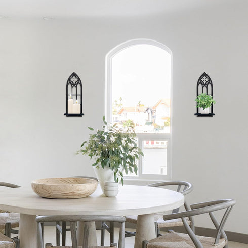 Natrlart Set Gothic Wall Sconces of Two Candle Holder, Black Metal Gothic Wall Decor, Arched Church Wall Sconces