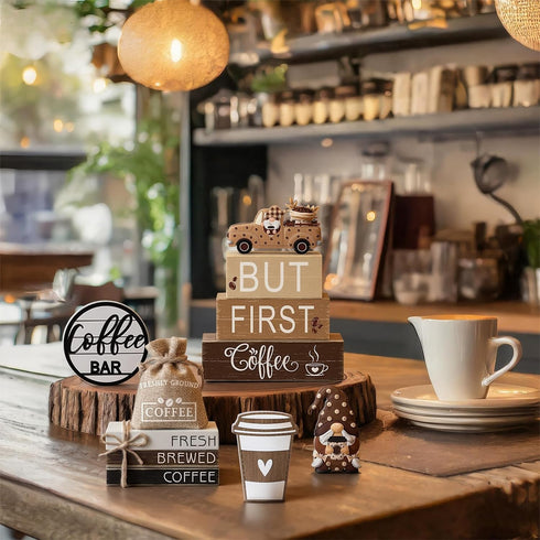 Vercraft 11 Pcs Coffee Bars Table Decorations Coffee Tiered Tray Decor Farmhouse Table Centerpiece Wooden Books Home