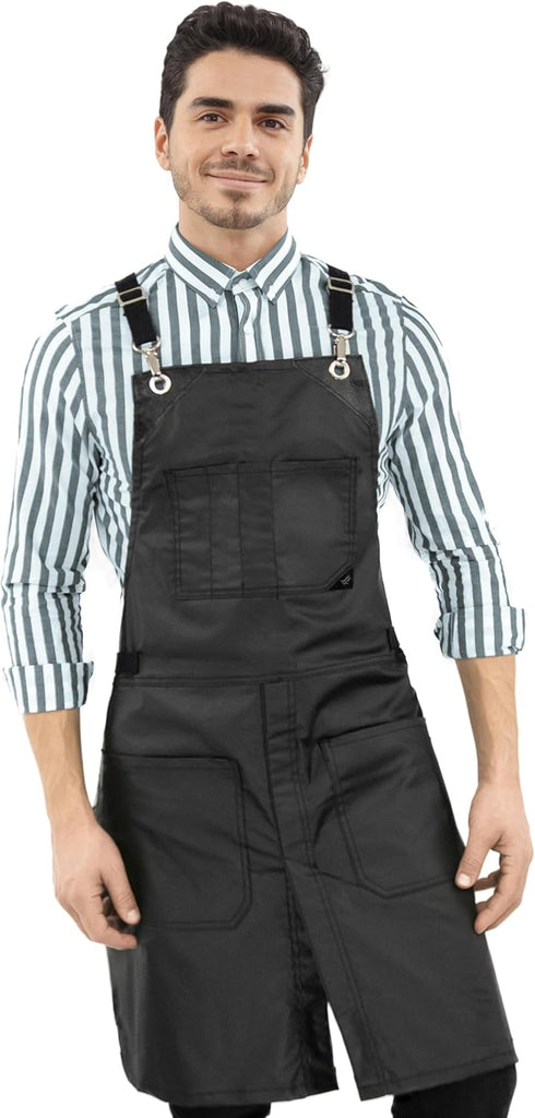 Under NY Sky Cross-Back Black Apron, Adjustable for Men, Women, Pro Barber, Tattoo, Hair Stylist, Server