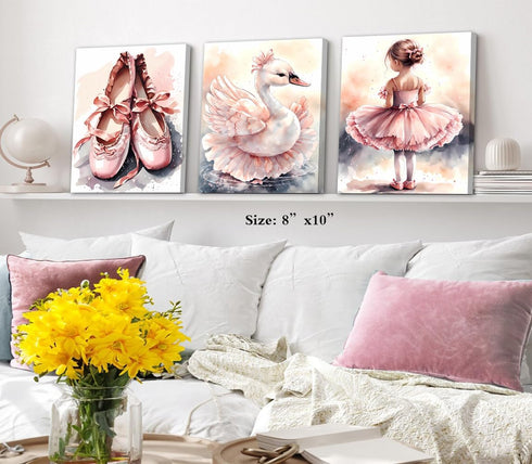 ZOIYINO Decor,Set 4(8x10) Framed Pink Ballet Nursery Wall Art,Pink Canvas Wall Art,Girls Ballerina Nursery Bedroom