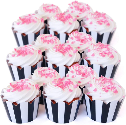 Black and White Striped Cupcake Wrappers - 50 Count, Reversible Scalloped Design for Parties and Events