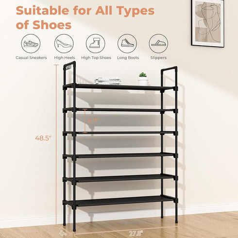 6 Closet 5 LANTEFUL Tier Shoe Rack for Shoe Organizer with Hooks, Long Shoe Shelf Storage for Shoe and Boot Stackable