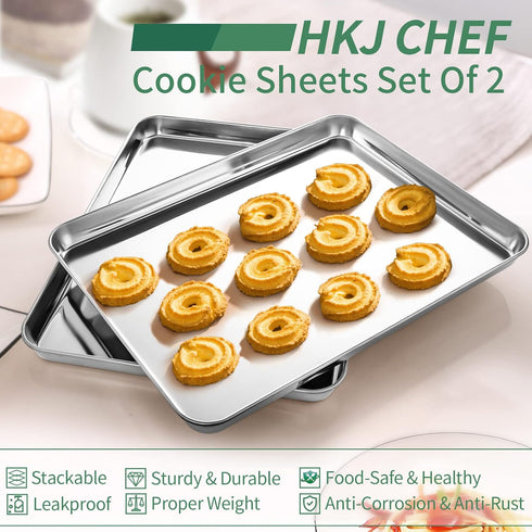 HKJ Chef Baking Sheets Set of 2 - Stainless Steel Cookie Sheets & Toaster Oven Tray Pans, Non Toxic & Easy Clean