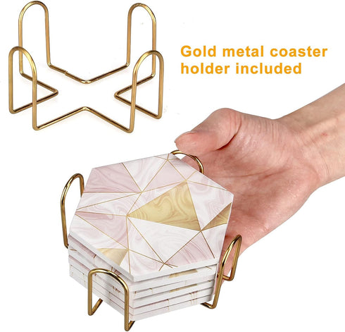 6 Pack Set Pink Marble Coasters with Holder Gold Absorbent Drink Unique Coaster Cute Ceramic Table Coaster Funny